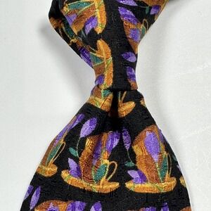 Ermenegildo Zegna Silk Tie Mens Black Multicolor Coffee Cup Floral Pattern Italy